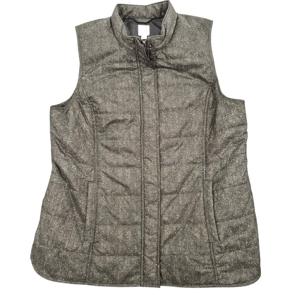 J. Jill‎ Womens Large Brown Herringbone Quilted Puffer Vest Full Zip Snap Front